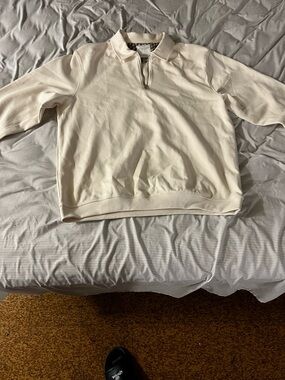 Denim & Flower Cream Zip-Up Collared Sweater